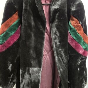 Women's Black Faux Fur Coat with Multicolor Stripes